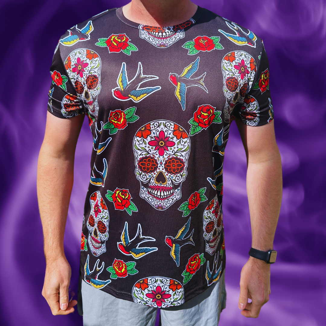 Skull & Roses Day of The Dead Halloween Technical Running T-Shirt