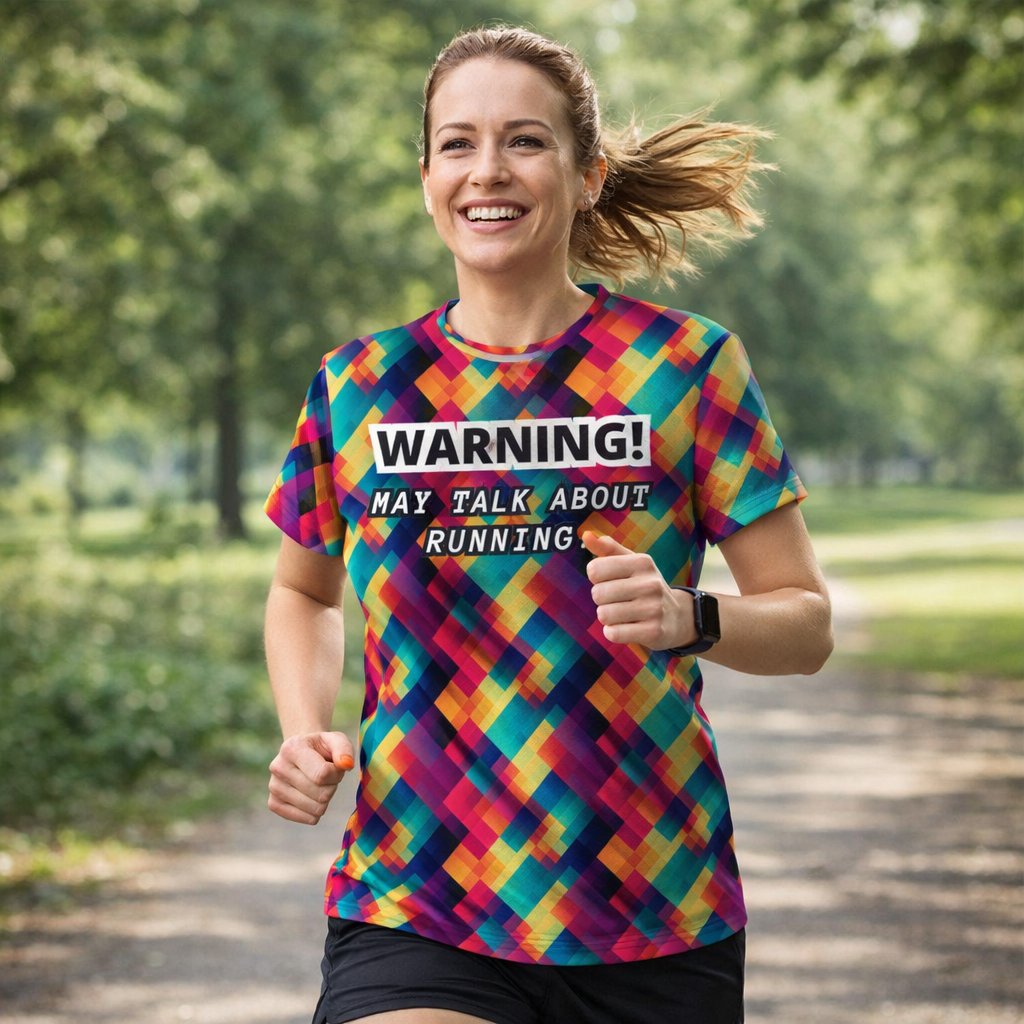 Funny Slogan “Warning May Talk About Running” Technical Running T-Shirt - Unisex