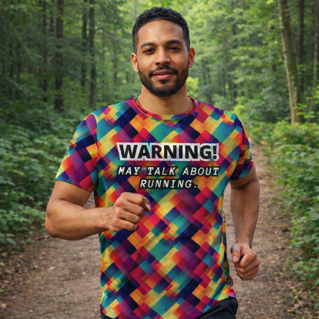 Funny Slogan “Warning May Talk About Running” Technical Running T-Shirt - Unisex