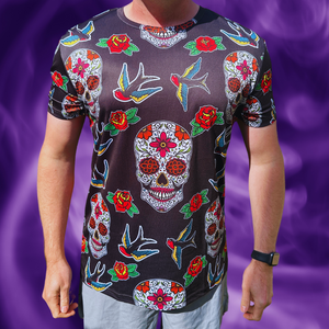 Skull & Roses Day of The Dead Halloween Technical Running T-Shirt - Unisex