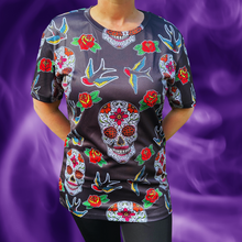 Load image into Gallery viewer, Skull &amp; Roses Day of The Dead Halloween Technical Running T-Shirt - Unisex
