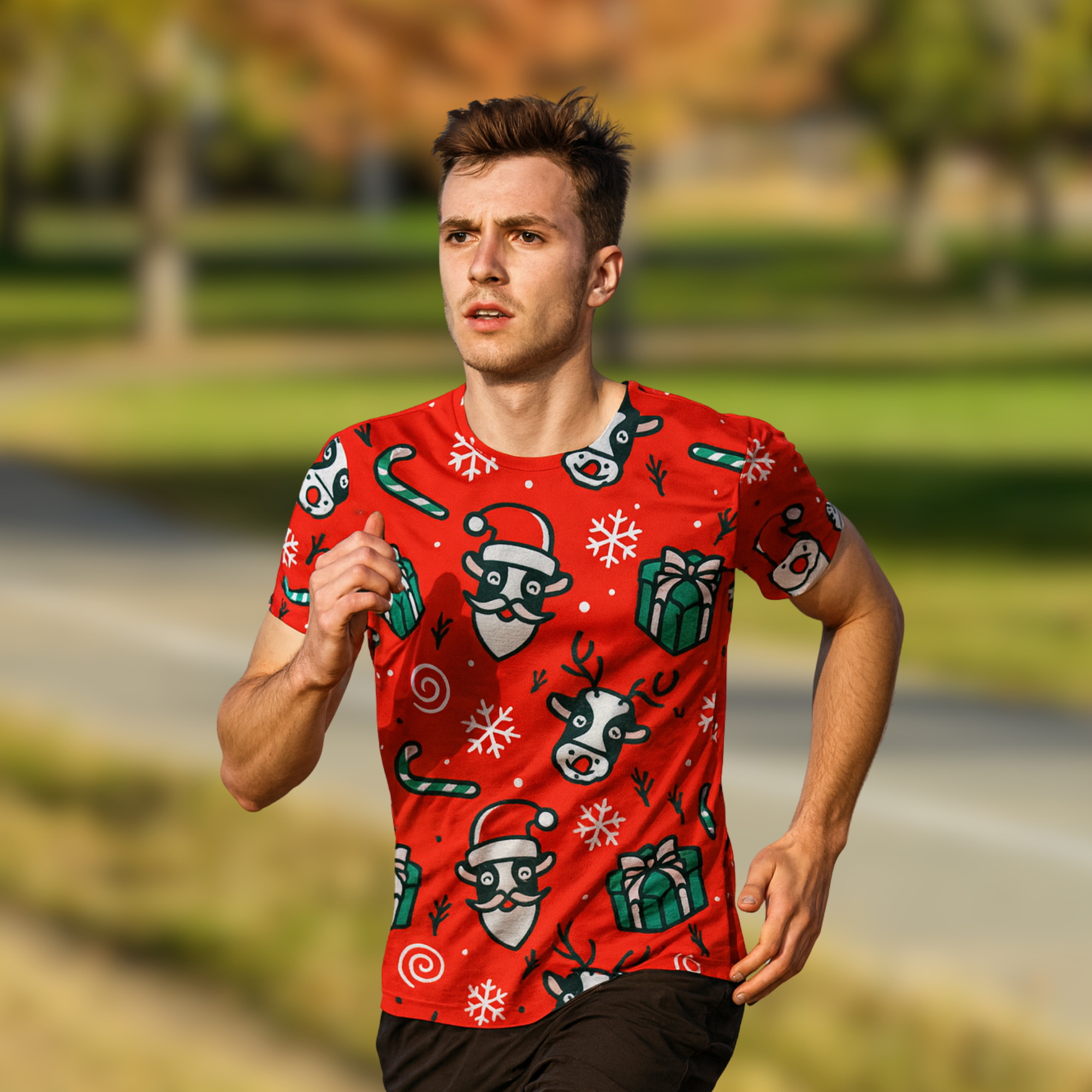 Festive Cow Christmas Technical Running T-Shirt - Unisex