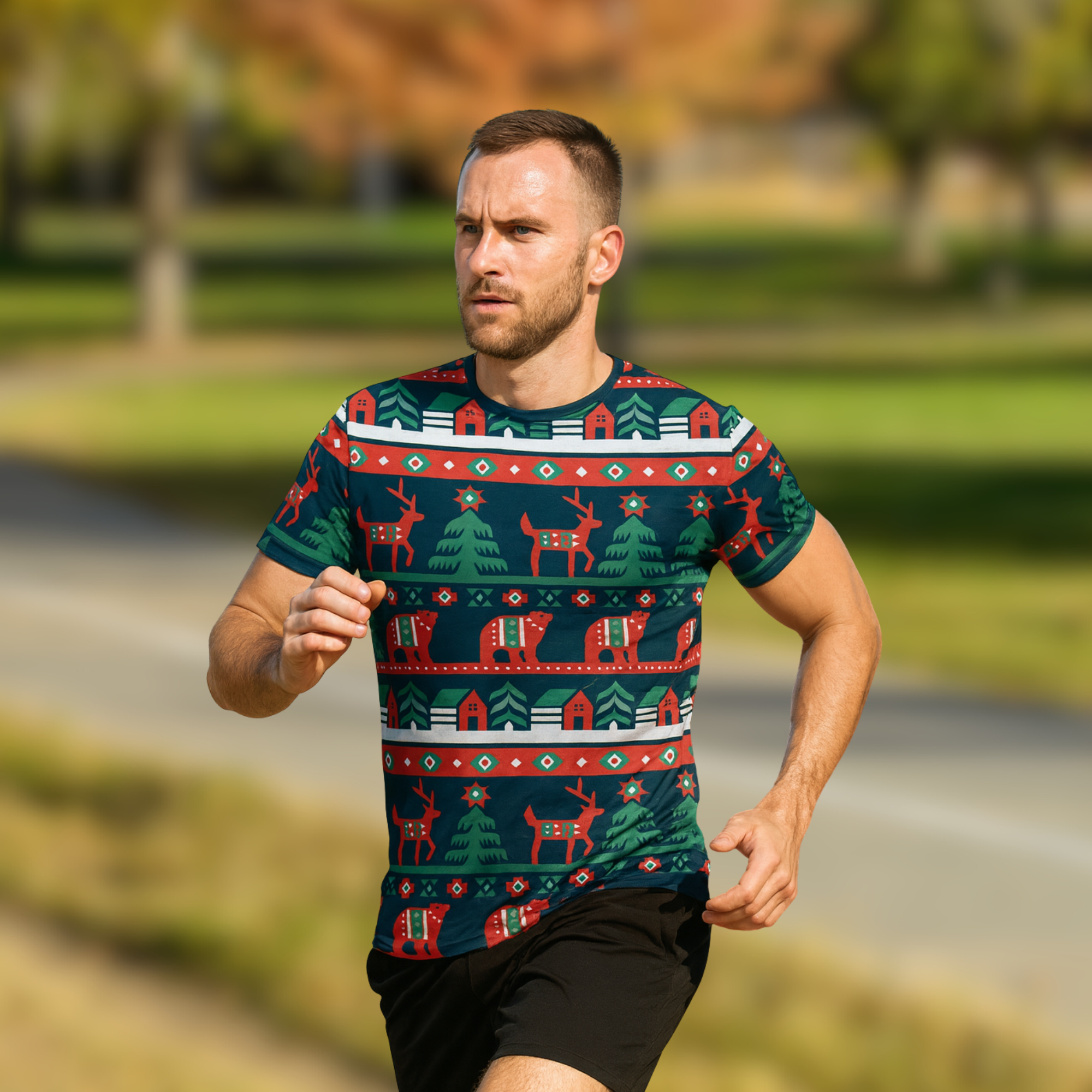 Reindeer Scene Christmas Technical Running T-Shirt - Unisex