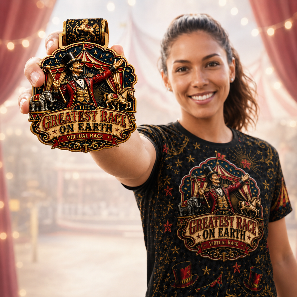 Runner holding The Greatest Race on Earth virtual race medal wearing matching tech tee on a subtle circus themed background