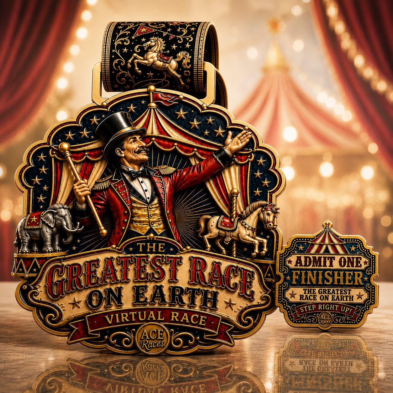 The Greatest Race on Earth virtual race medal and collector pin on a subtle circus themed background