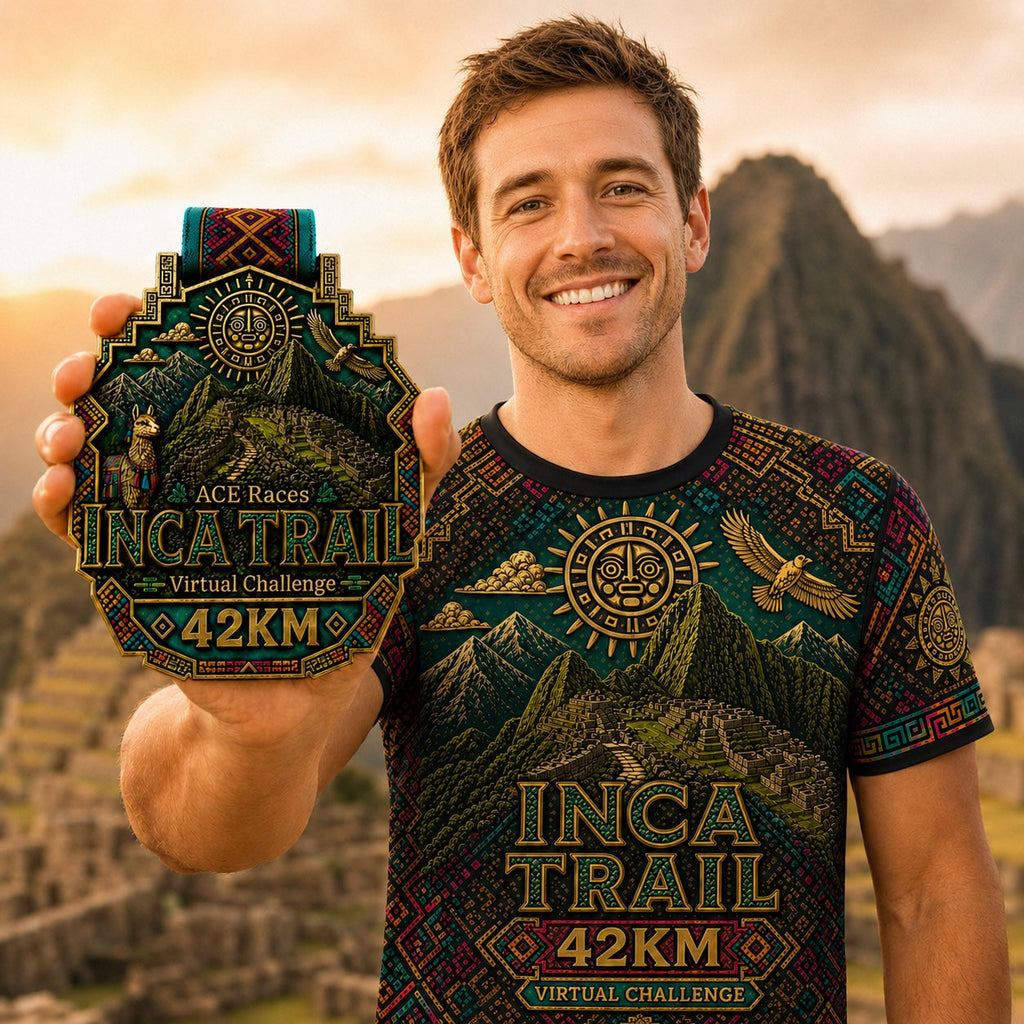 Finisher holding Inca Trail 42km Virtual Challenge medal wearing matching tech tee