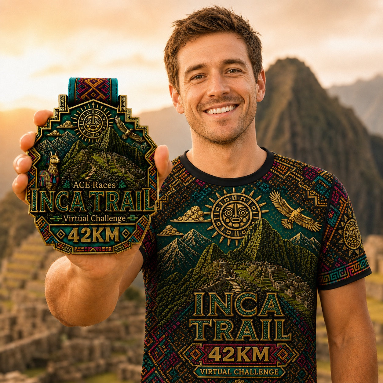Finisher holding Inca Trail 42km Virtual Challenge medal wearing matching tech tee