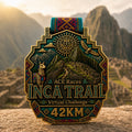 Inca Trail 42km Virtual Challenge medal close-up with subtle Machu Picchu themed background