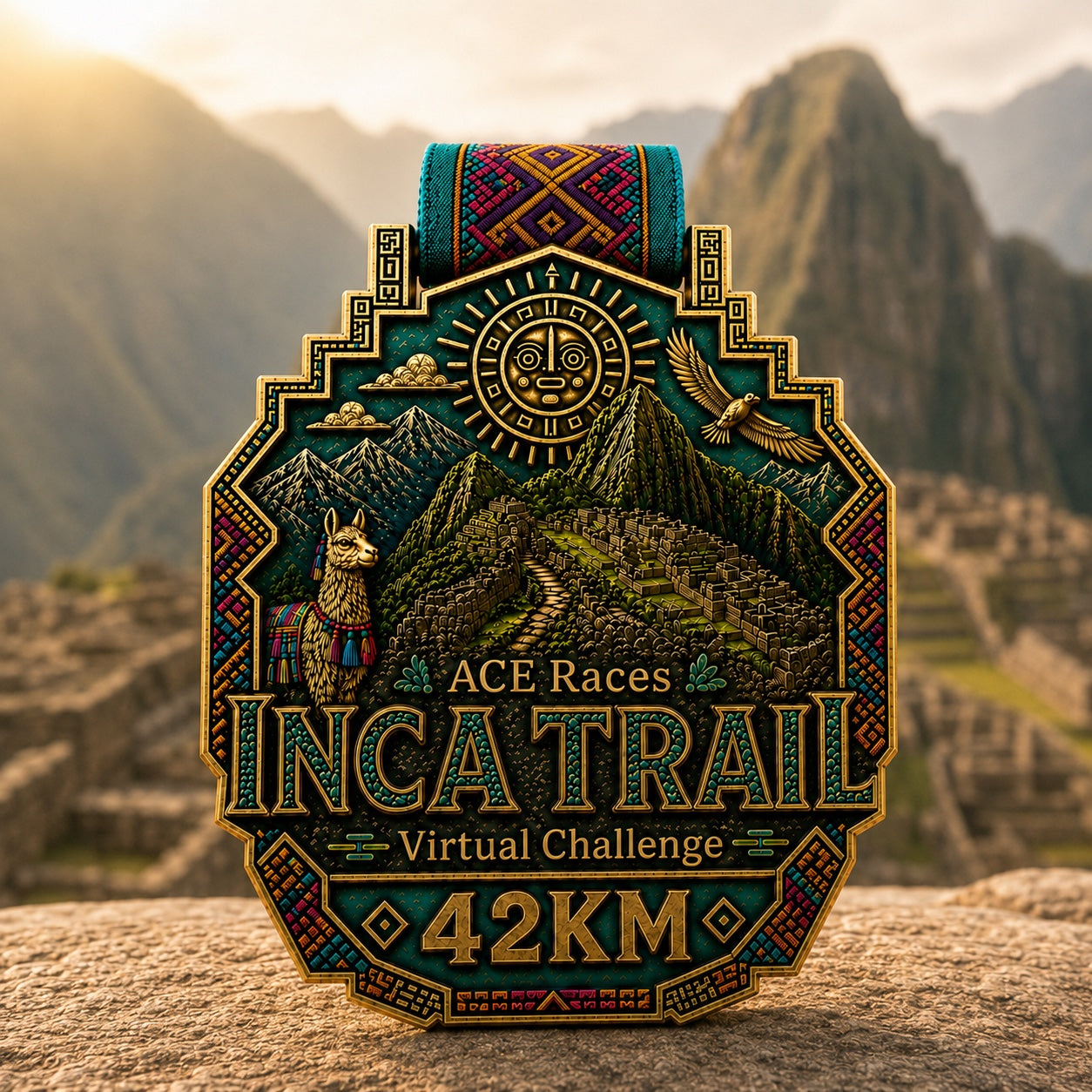 Inca Trail 42km Virtual Challenge medal close-up with subtle Machu Picchu themed background