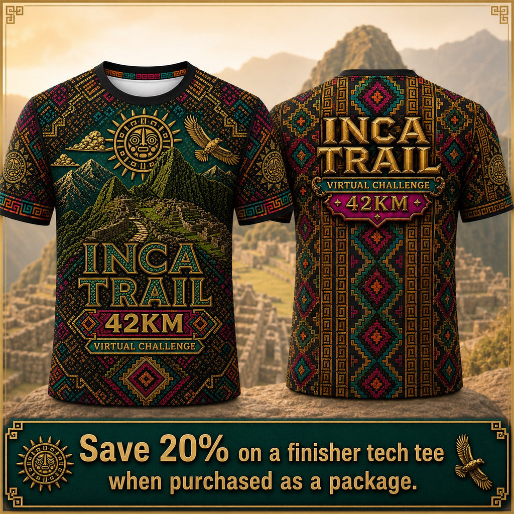 Inca Trail 42km Virtual Challenge finisher tech tee front and back
