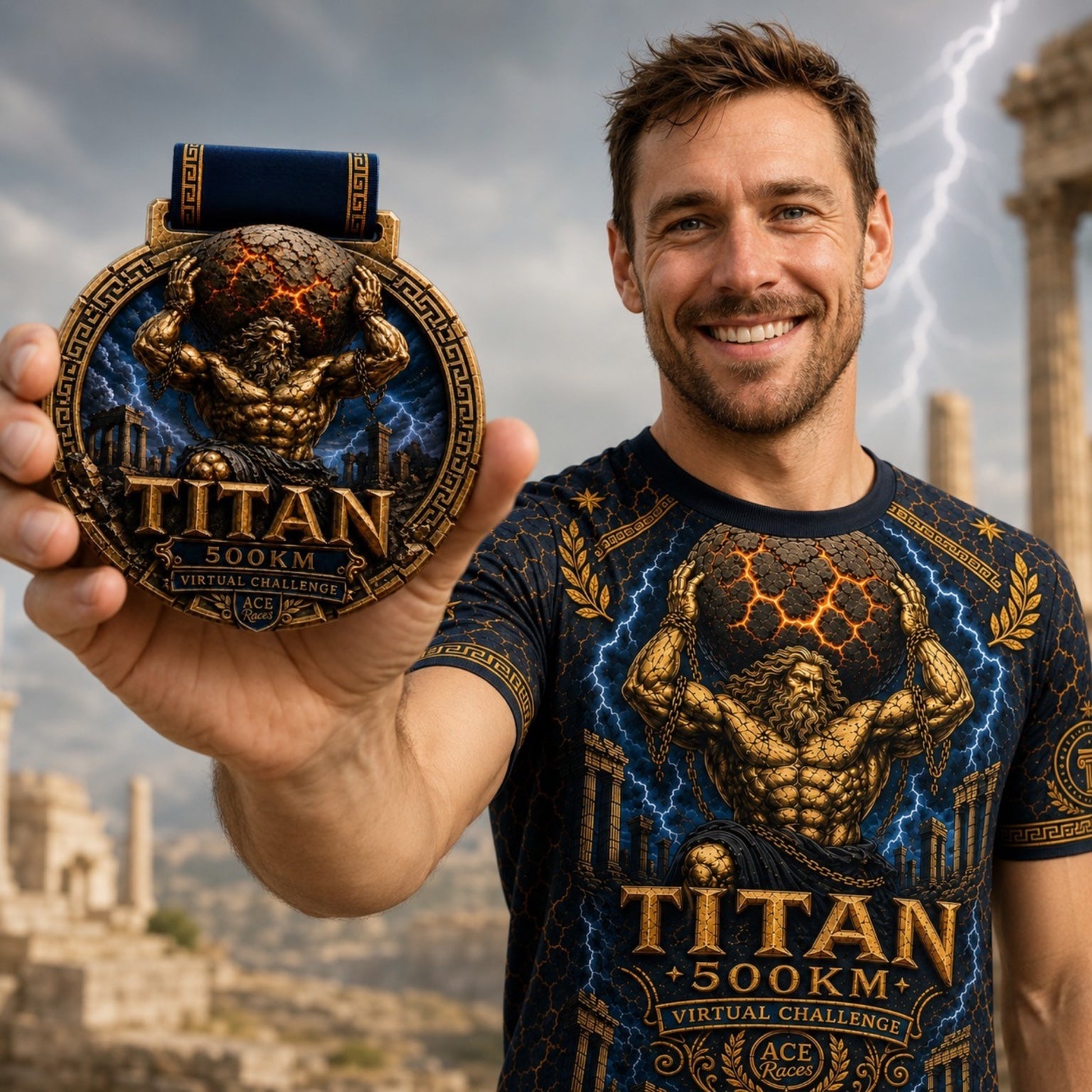 Titan 500km Virtual Challenge finisher holding medal